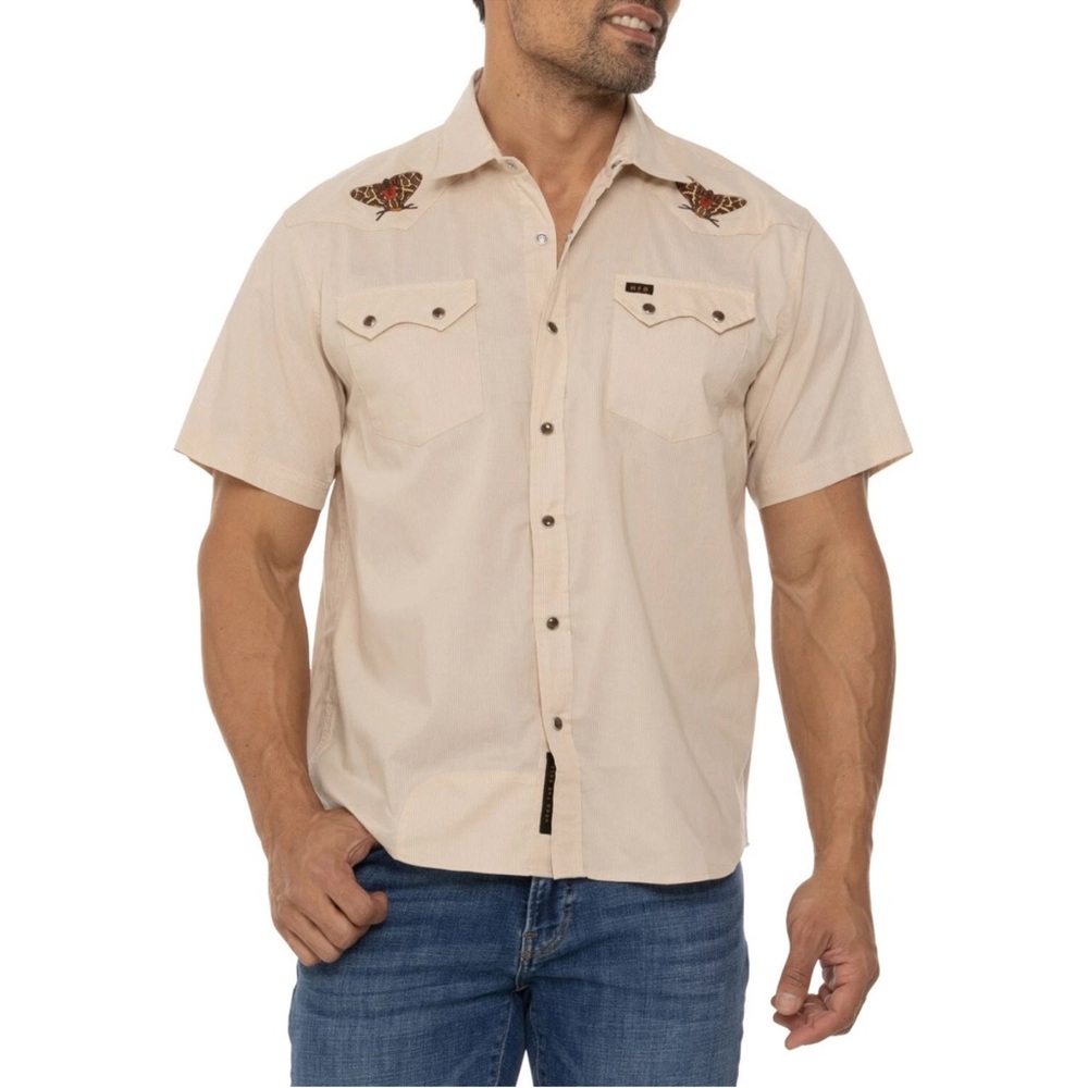 Howler Brothers Crosscut Deluxe SnapShirt SS Rare Tiger Moths Cream Men’s XXL